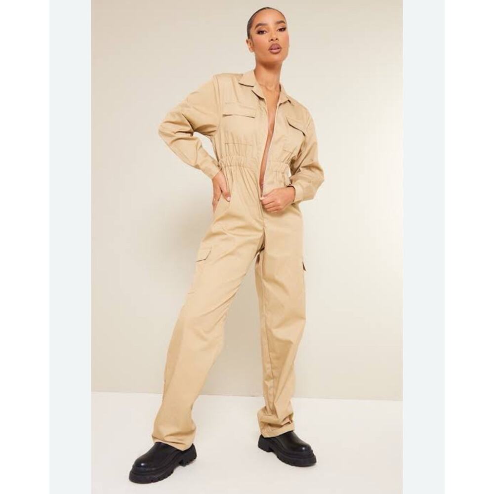 Pretty Little Thing Jumpsuit Cargo Denim 100% Cotton Long Sleeve Tan Size 4